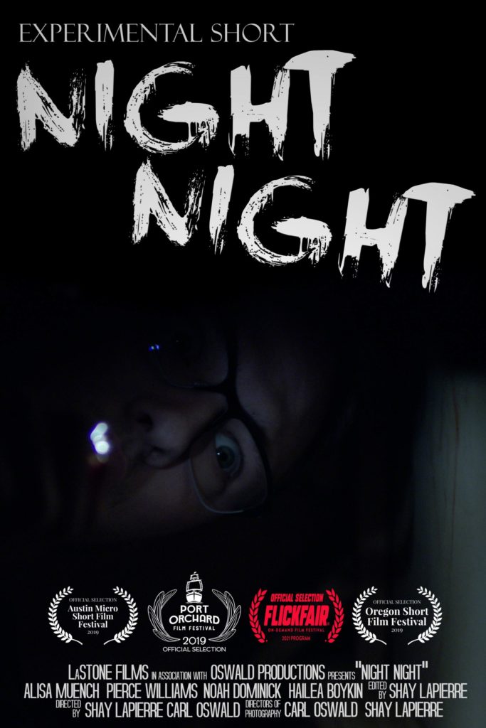 Promotional poster for the short film 'Night Night': Within an abyss of darkness, the flickering flame of a lighter exposes the fear-stricken eyes of a young man ensnared within a confining box. Above, the text 'Experimental short Night Night' casts an eerie aura, foreshadowing the suspenseful narrative that unfolds. Below, four laurels signify recognition, hinting at the compelling storytelling awaiting audiences.