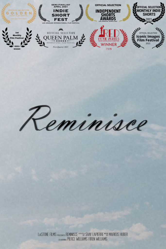 Promotional poster for 'Reminisce': Set against serene blue clouds, the title 'Reminisce' stands out prominently, embellished with festival laurels above. This captivating imagery beckons viewers to embark on a journey of introspection.