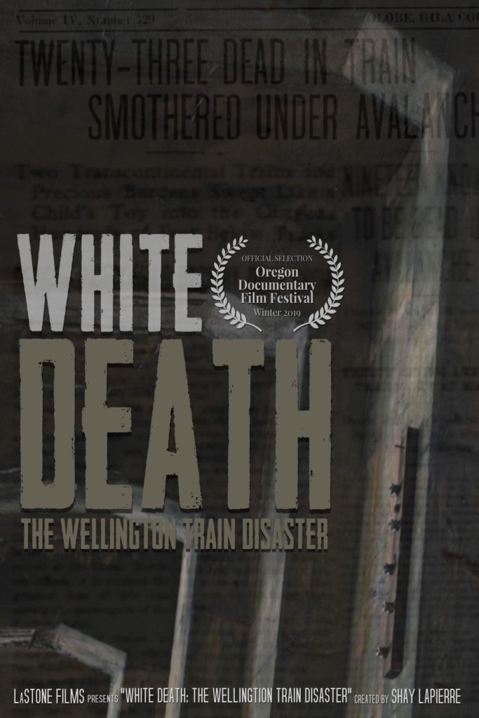 Promotional poster for the Short Film 'White Death': Against the rugged backdrop of a snow shed, a newspaper overlay adds depth and intrigue. Bold text at the center proclaims 'White Death: The Wellington Train Disaster,' immediately capturing attention. Adjacent, a festival laurel symbolizes acclaim, hinting at the gripping narrative awaiting viewers.